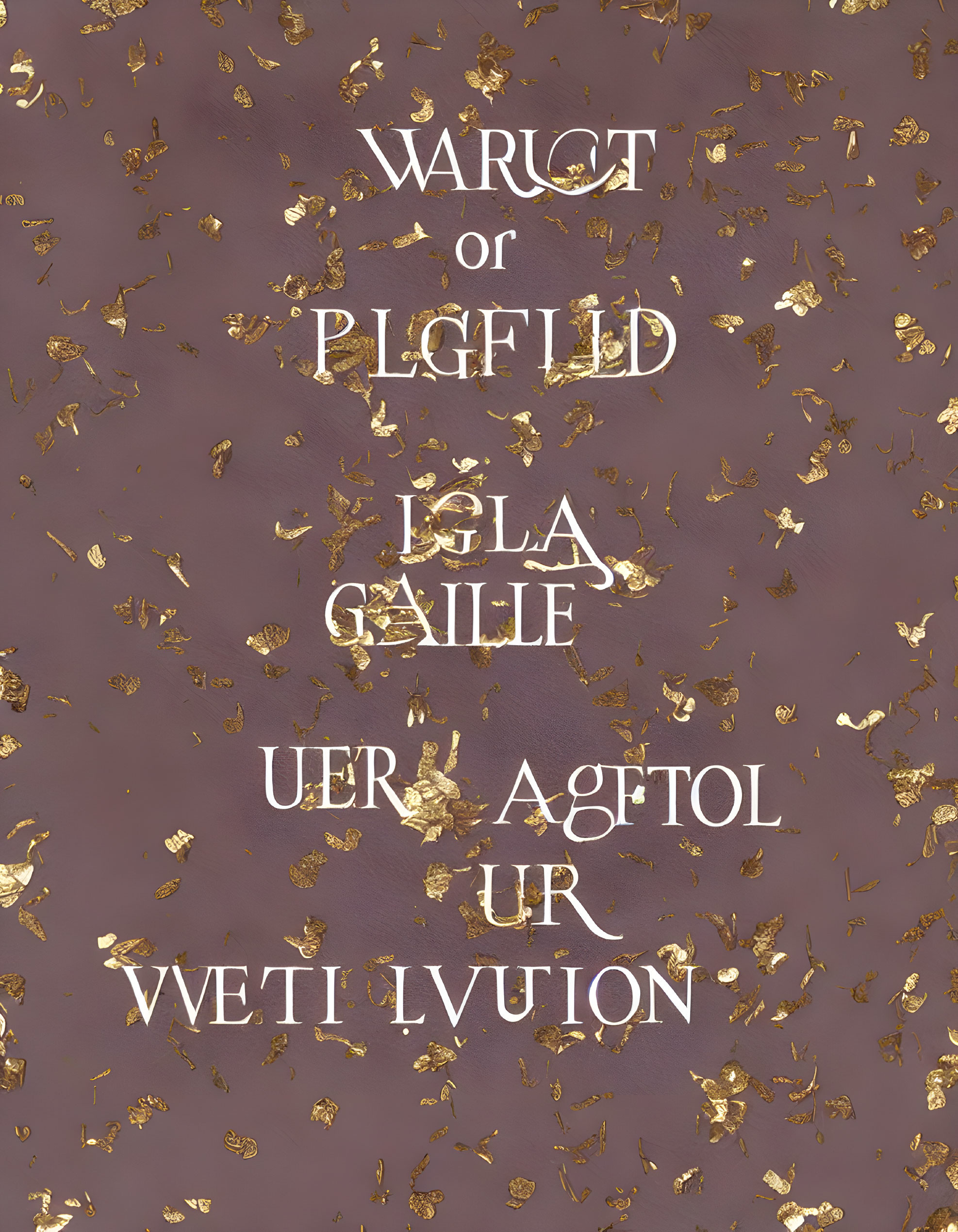 Purple background with scattered gold foil pieces and abstract text design