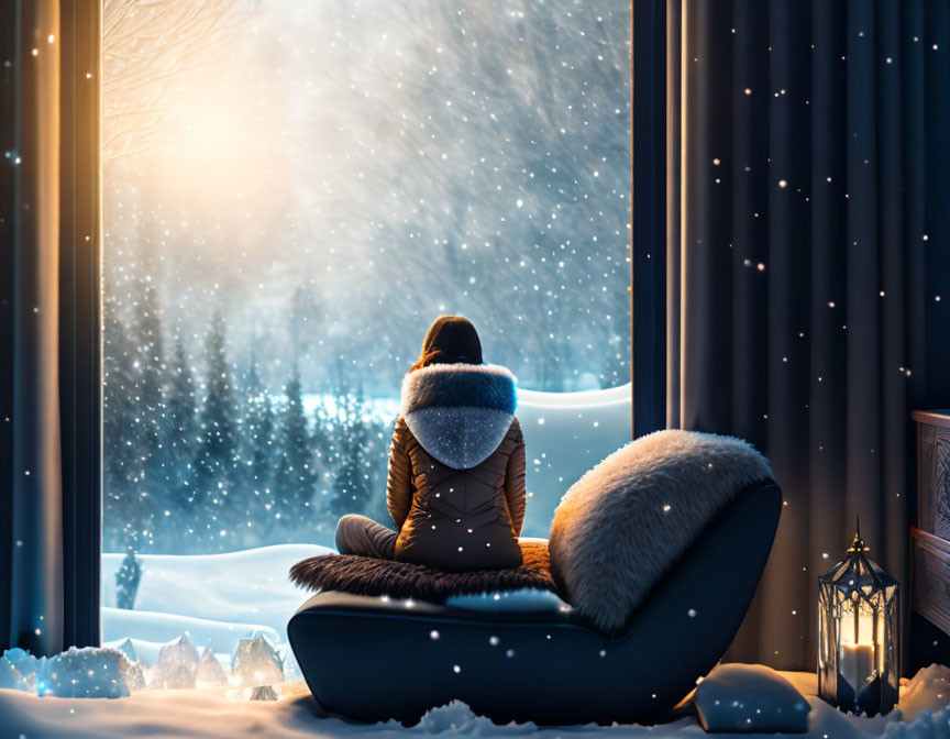 Person sitting in cozy chair by window overlooking snowy landscape