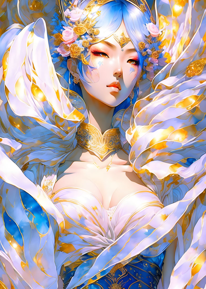 Illustrated character in gold and blue attire with floral elements