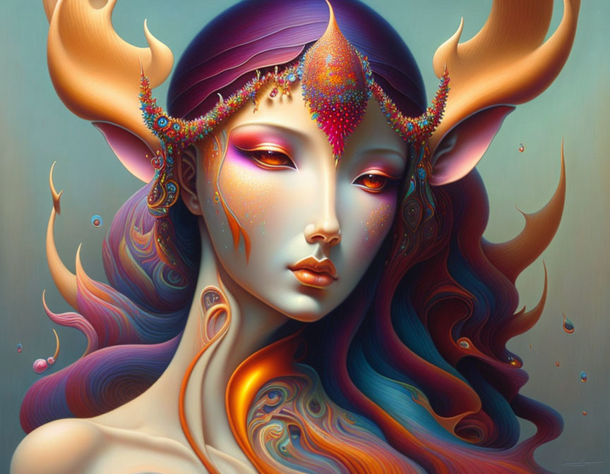 Colorful Horned Female Creature with Ethereal Aura and Jewel-like Details