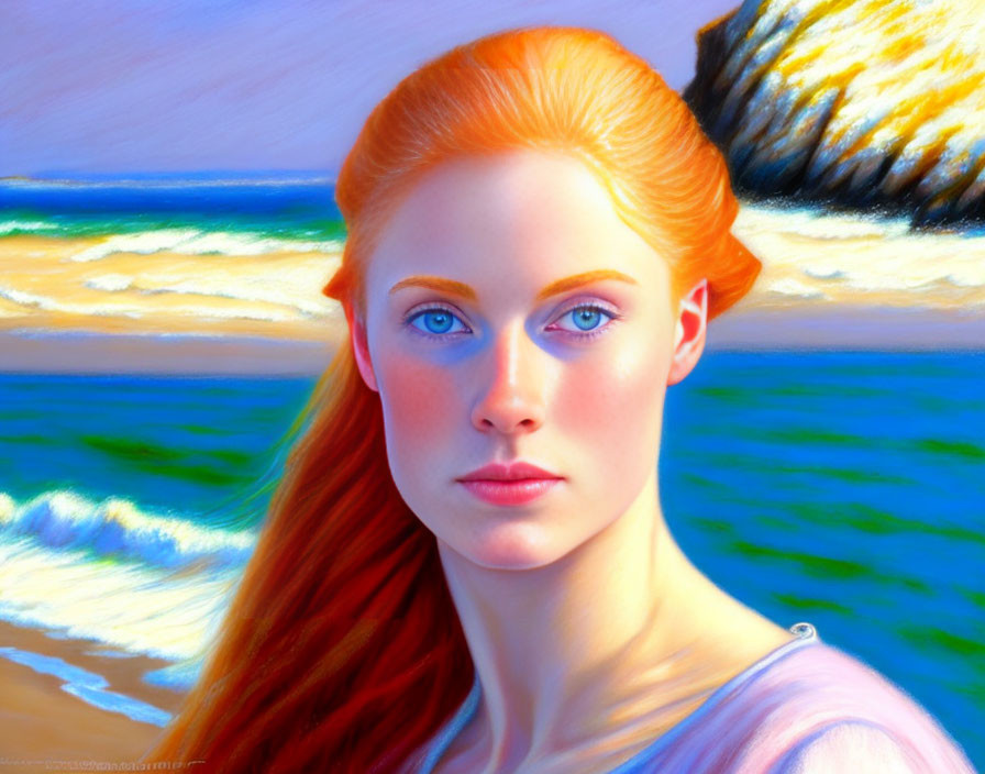 Red-haired woman with blue eyes by the sea and rocky shoreline