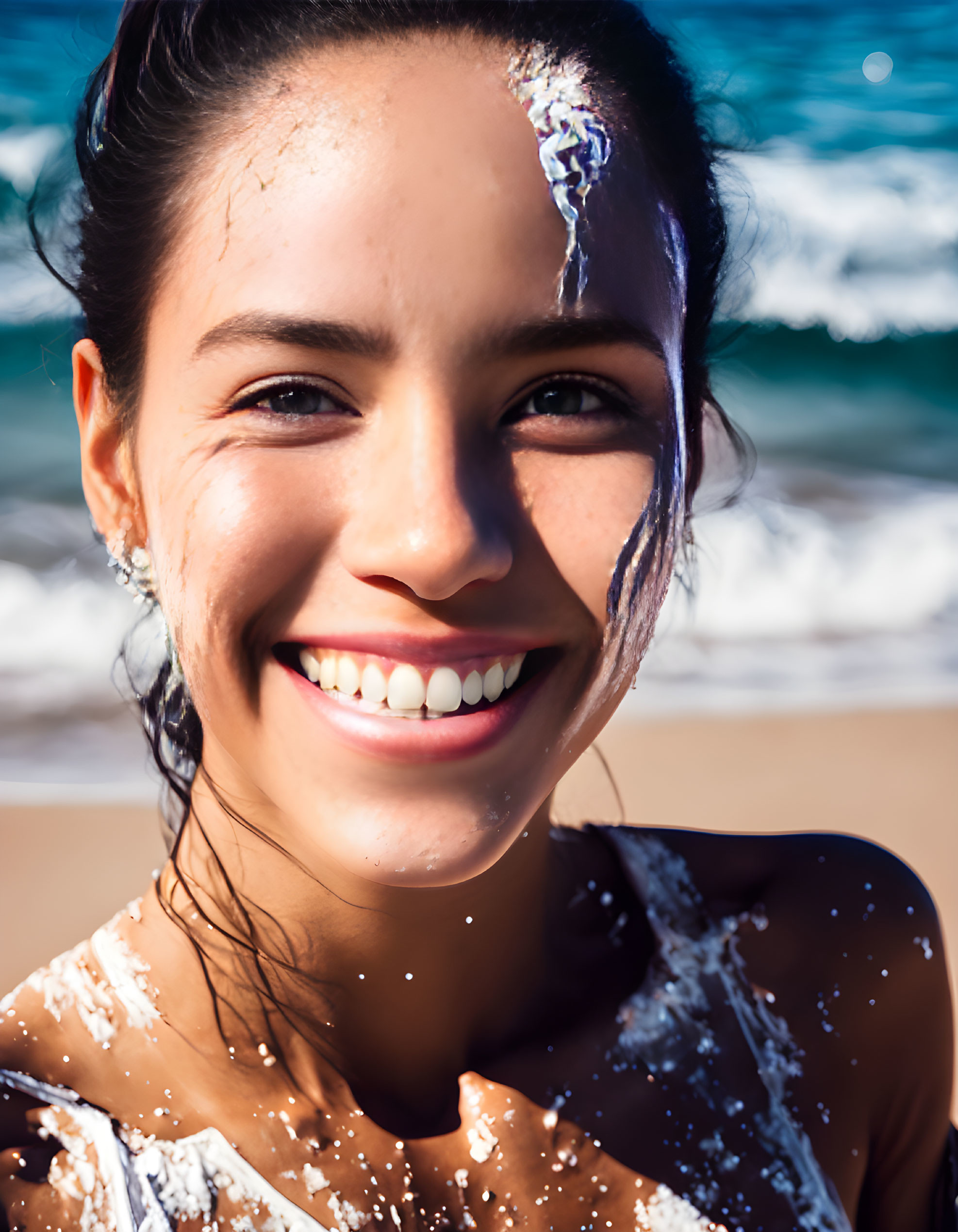 Smiling young woman with wet hair at sunny beach