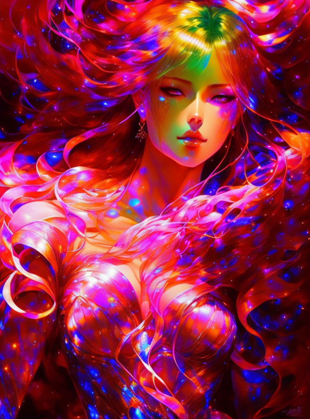 Colorful Woman Portrait with Rainbow Hair on Red Background