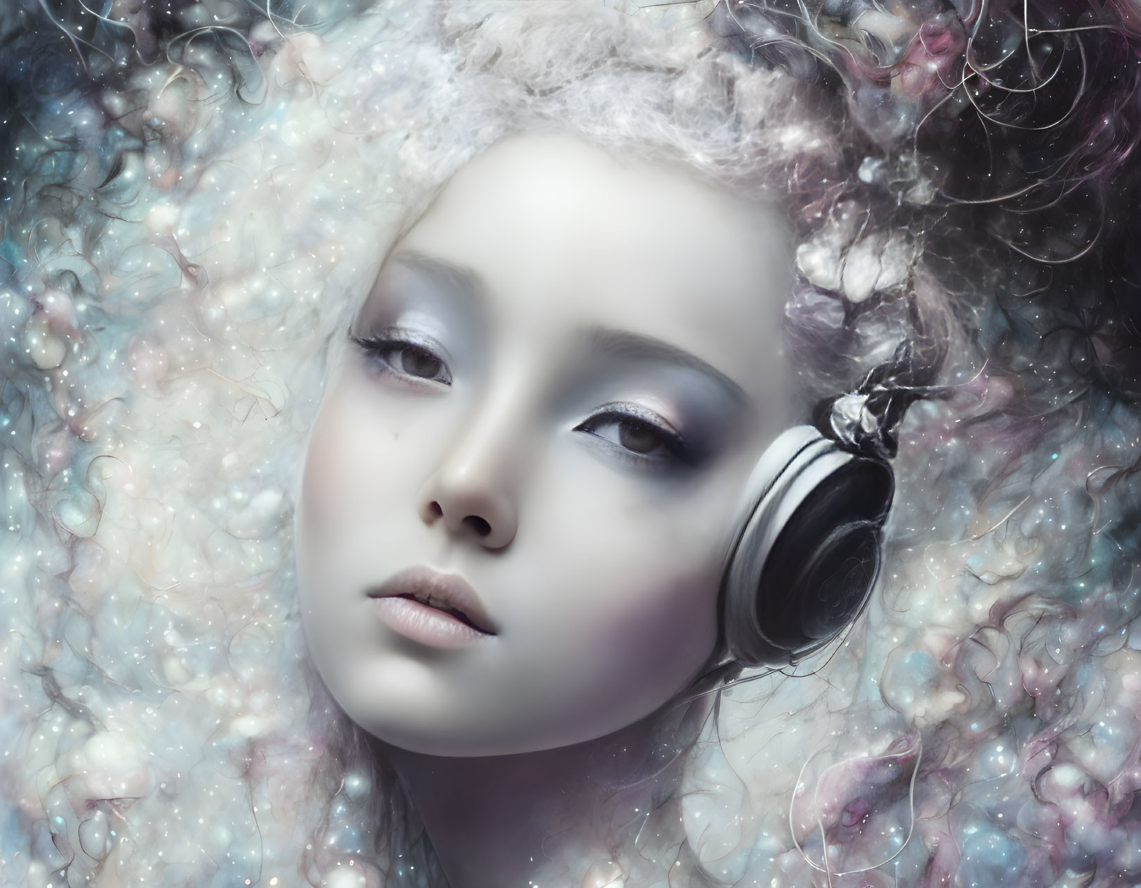 Surreal portrait of female figure with porcelain skin and headphones