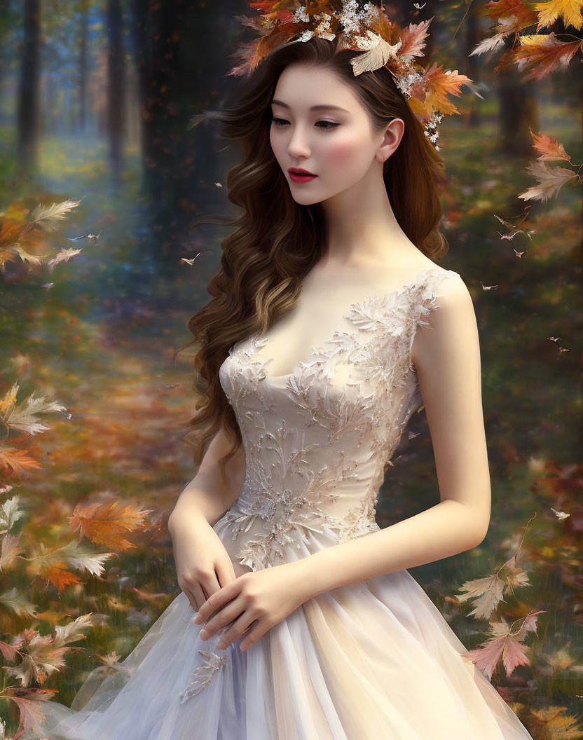 Person with wavy hair in white dress surrounded by autumn leaves in forest