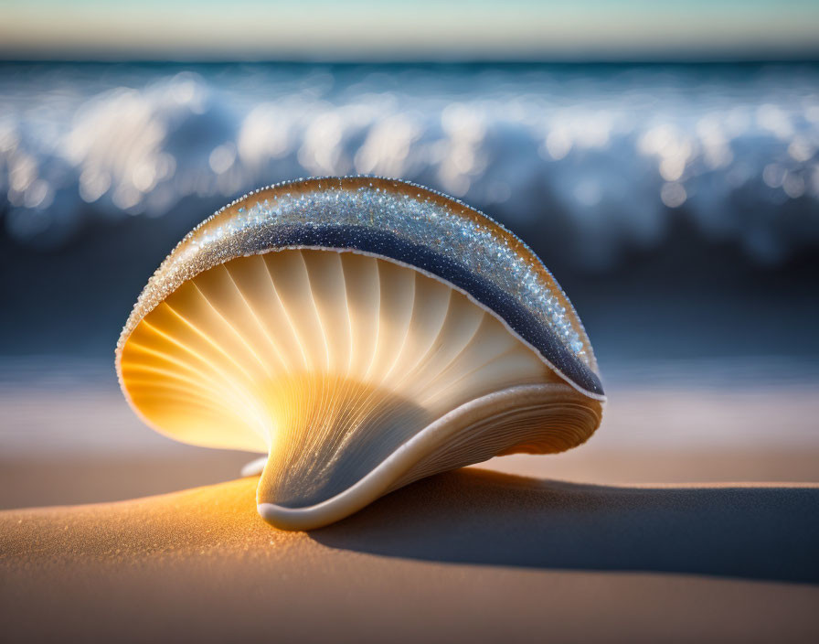 Sunlit Seashell Close-Up on Sandy Beach at Sunrise or Sunset