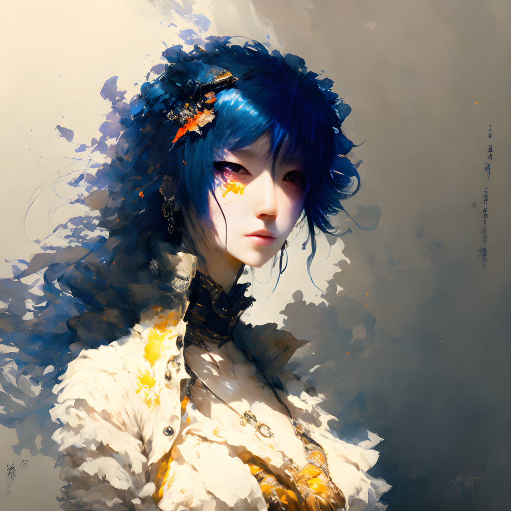 Portrait of a person with blue hair and golden eye makeup on neutral background