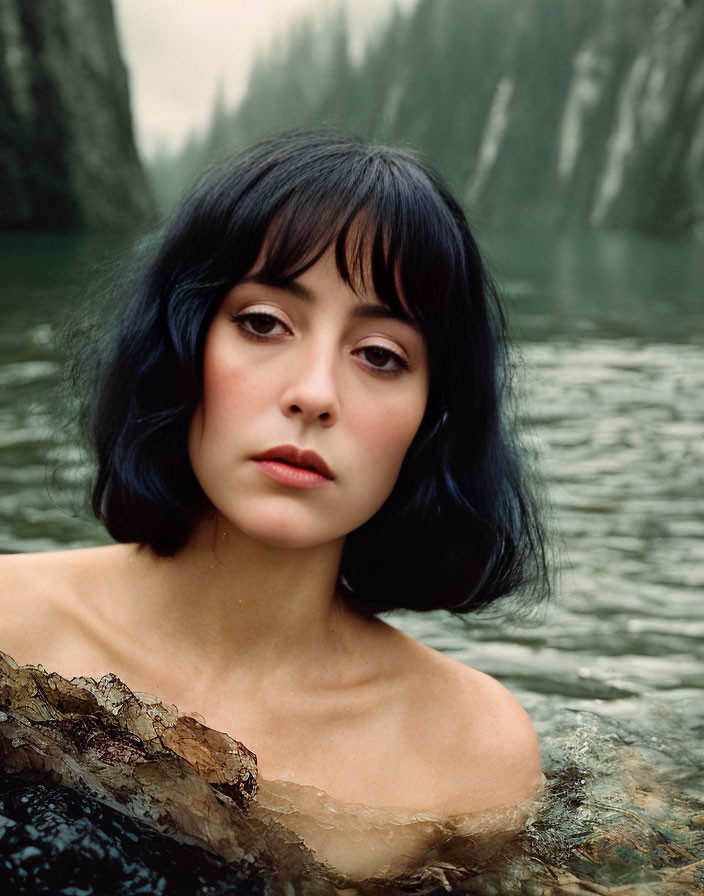 Woman with Bobbed Black Hair in Water with Forested Mountain Backdrop