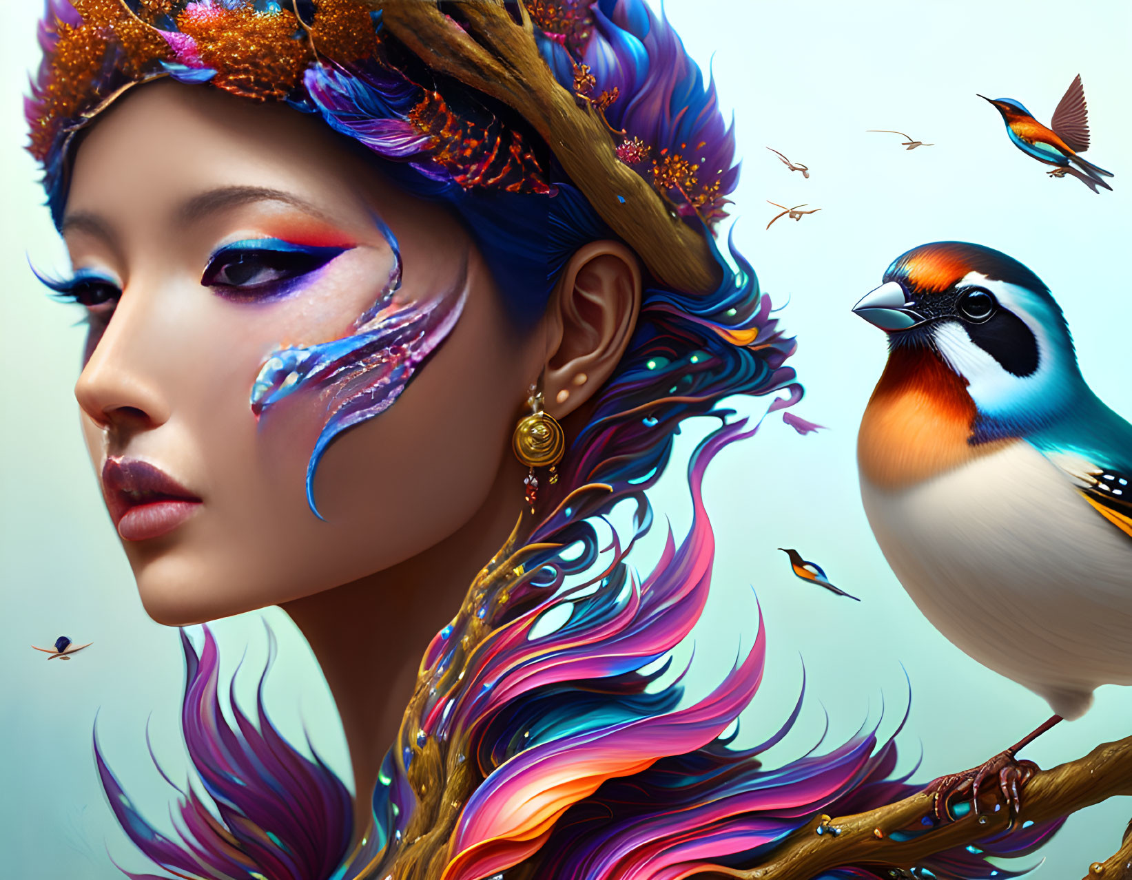 Colorful Hair Woman with Bird in Fantastical Scene