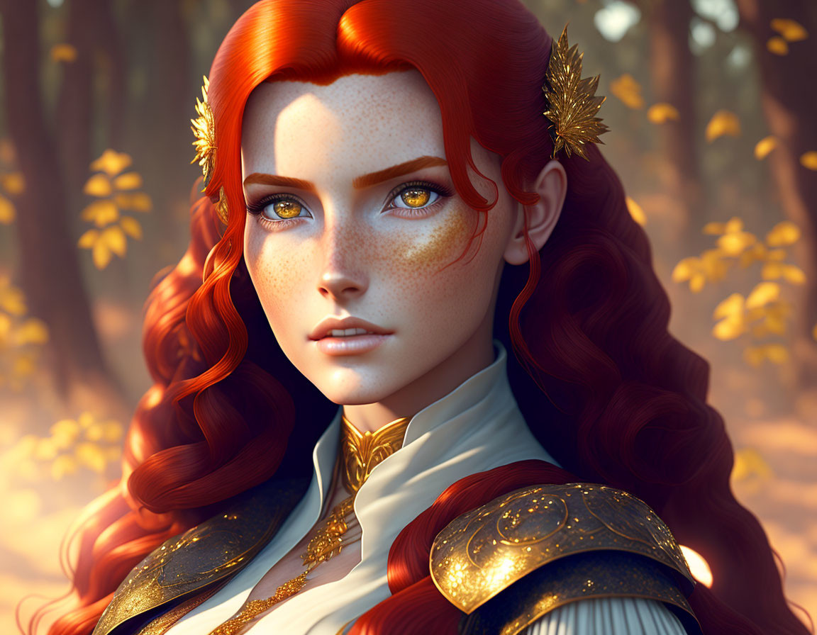 Vibrant red-haired woman with freckles and blue eyes in digital art.