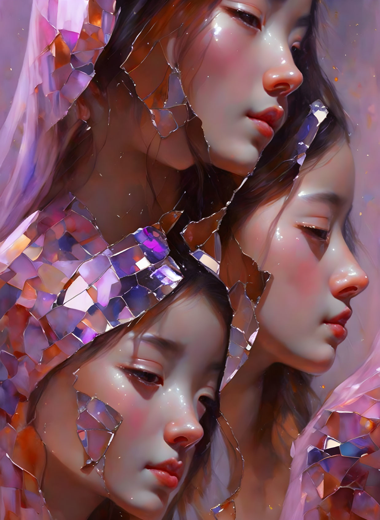 Triple portrait of woman with crystal fragments on purple backdrop