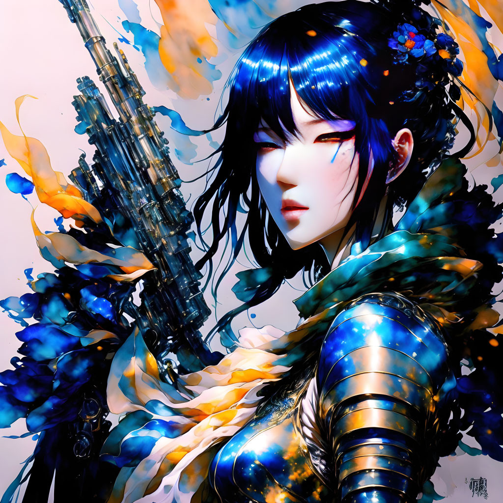 Vibrant digital artwork: Female character with blue-black hair, gold and blue armor, surrounded by