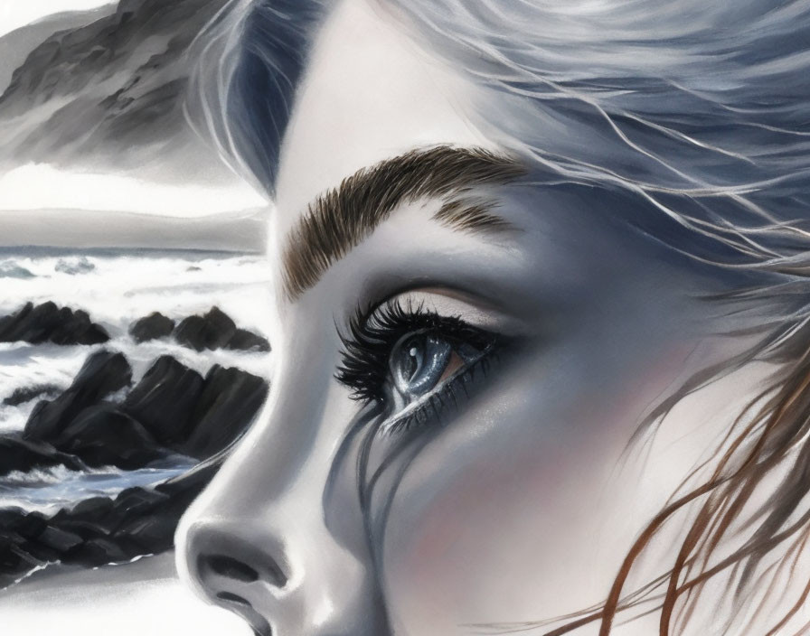 Detailed woman's face with stormy sea backdrop