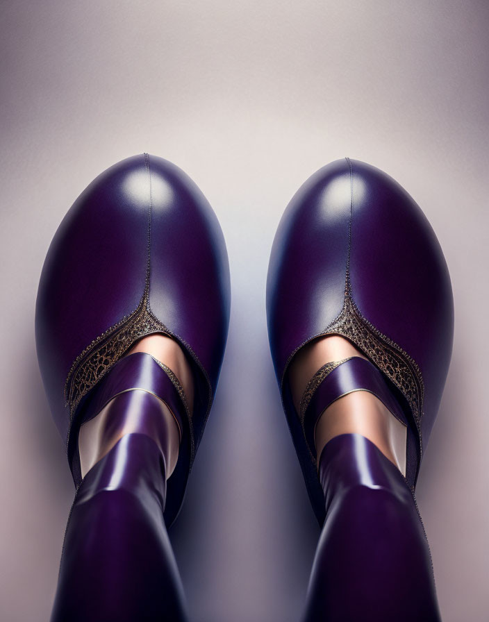 Glossy Purple Shoes with Decorative Detailing on Pale Background