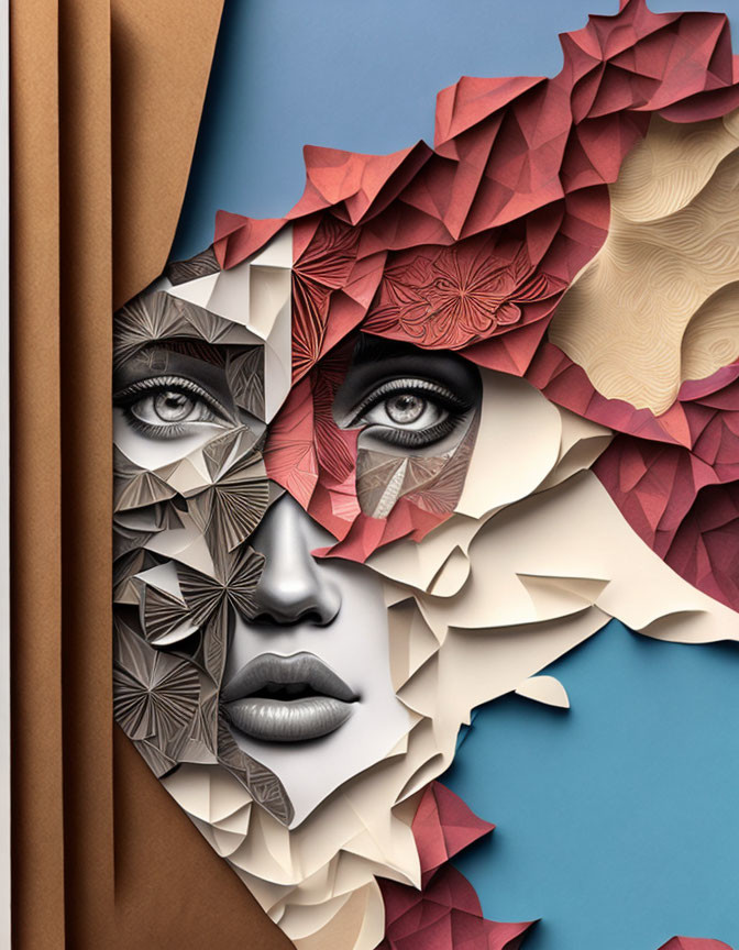 Layered Paper Art: Intricate 3D Face with Textured Patterns