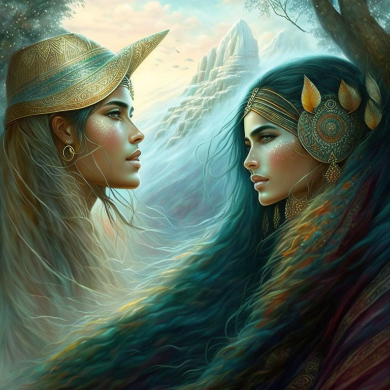 Ethereal women with ornate headpieces in mystical forest setting