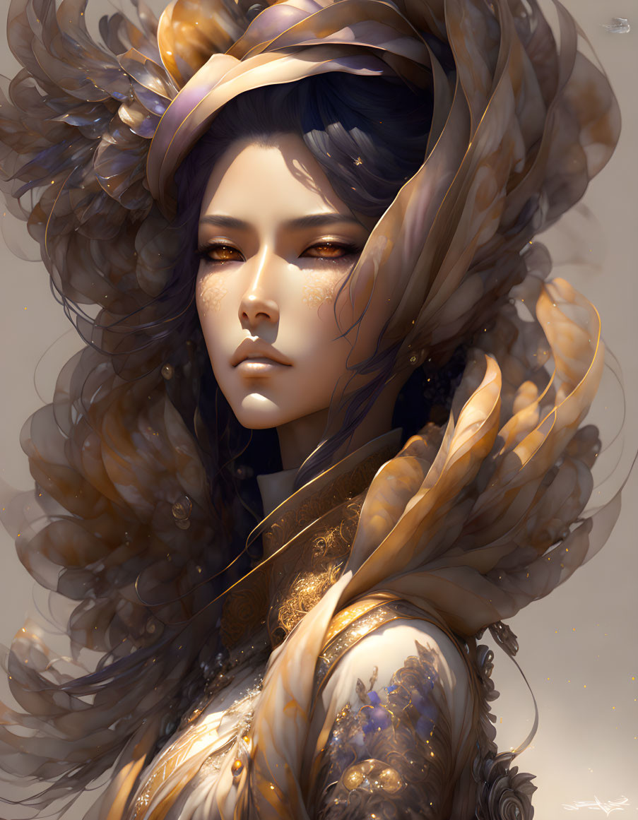 Person with Golden and Brown Feather Adornments in Digital Art