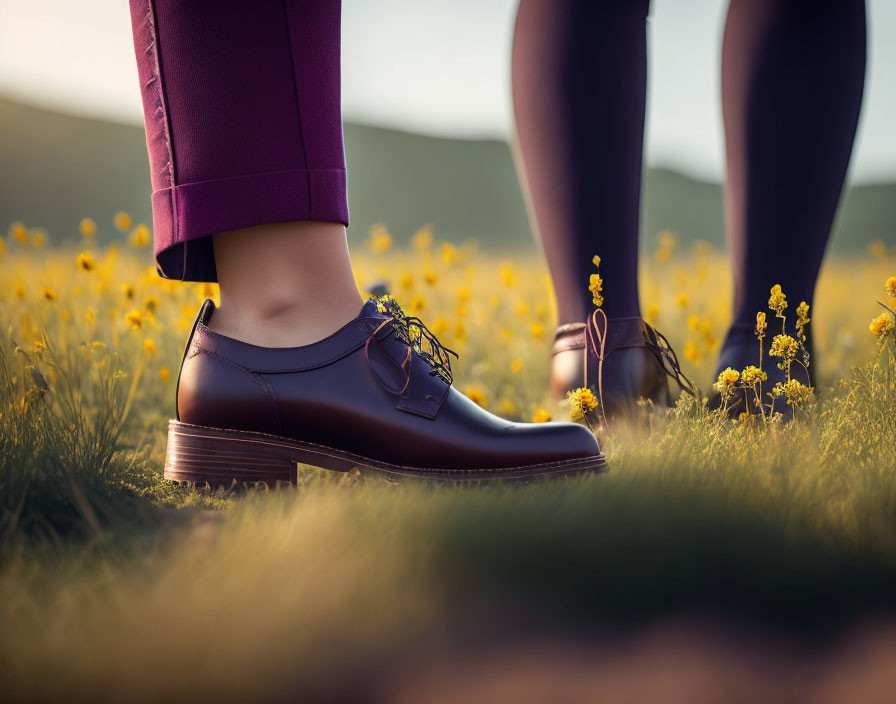 Polished Brown Shoes and Purple Trousers with Wildflowers and Grass