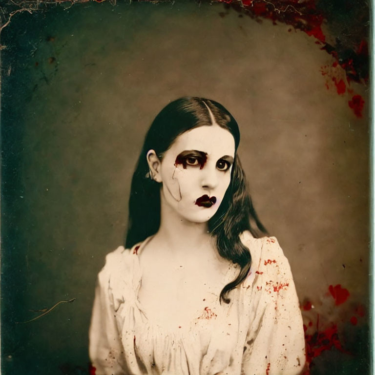 Vintage-style photograph featuring person with pale makeup, dark lipstick, and gothic aesthetic with aged effects and