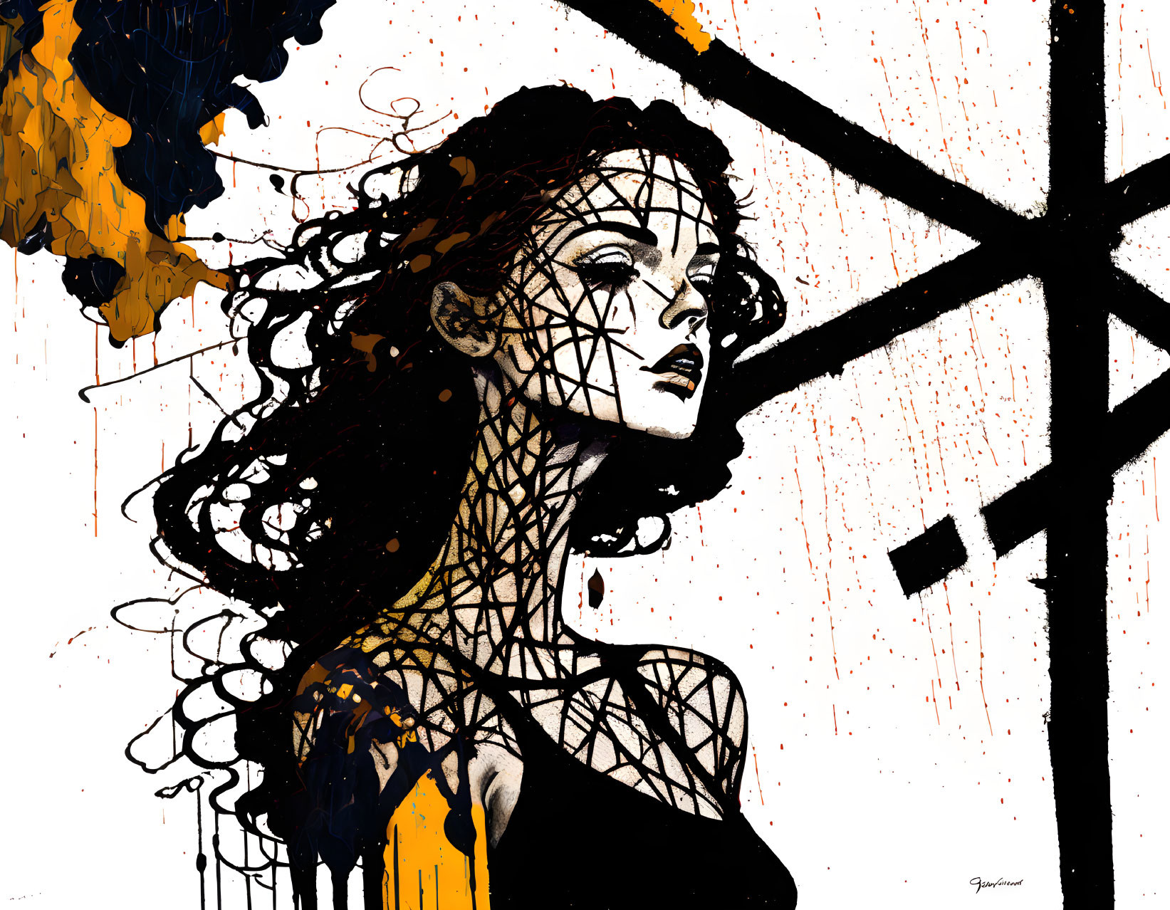 Dark-haired woman in abstract portrait with geometric shapes and yellow-black paint splashes