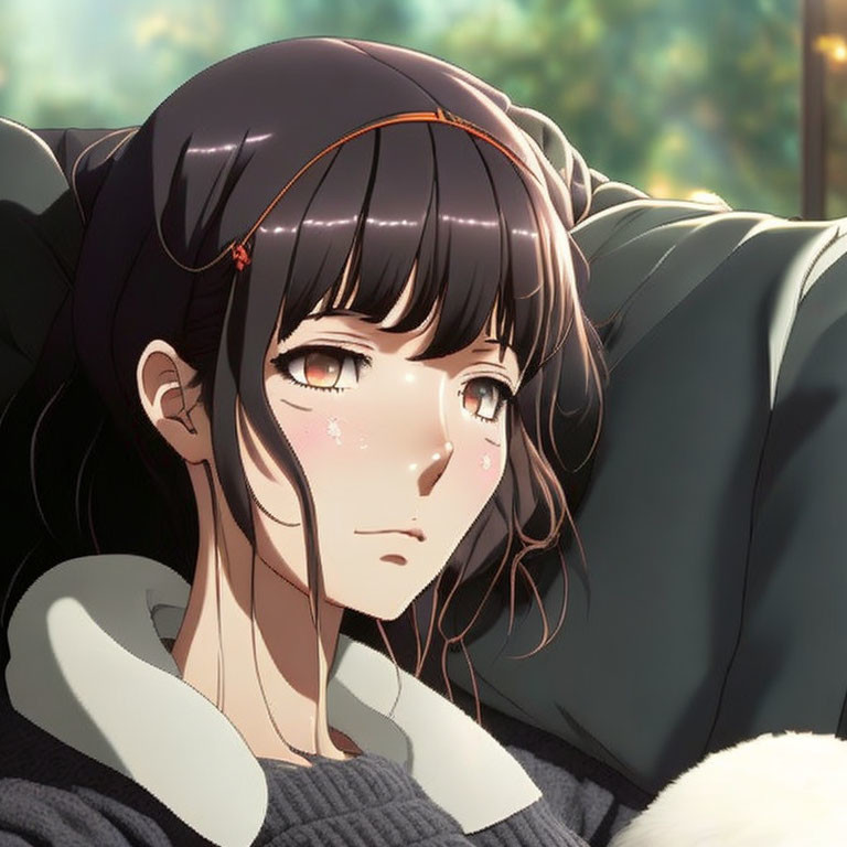 Dark-haired anime-style girl gazes out window in serene setting.