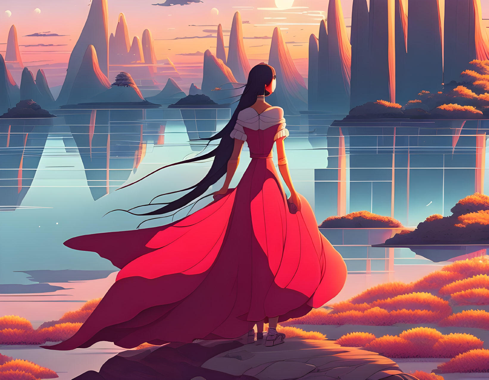 Woman in red dress on cliff overlooking futuristic landscape with tall spires and floating islands.