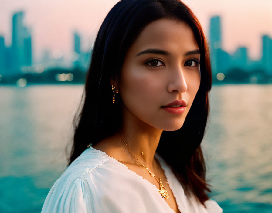 Dark-haired woman in white blouse with city skyline background.