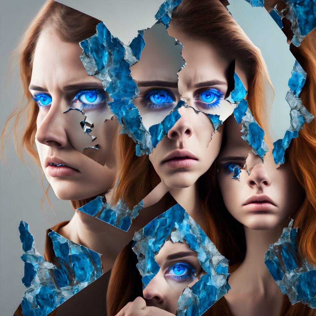 Composite image of woman with vivid blue eyes through broken fragments symbolizing multiplicity.