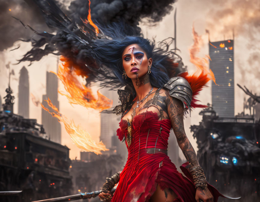 Warrior woman with tattoos in red attire against post-apocalyptic cityscape