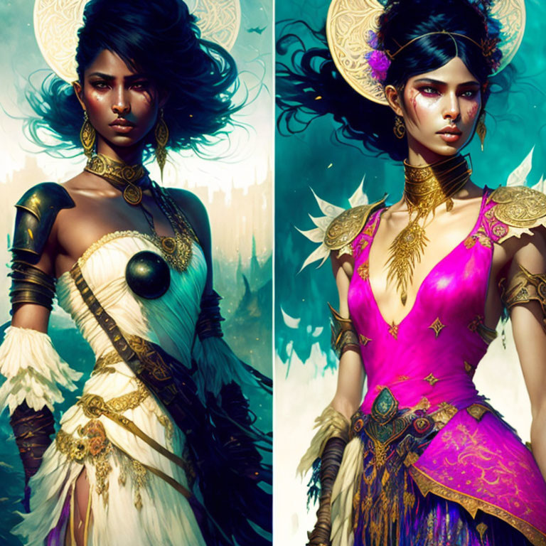 Fantasy warrior woman with elaborate hairstyles and luxurious armors in white and purple tones against mystical backdrops