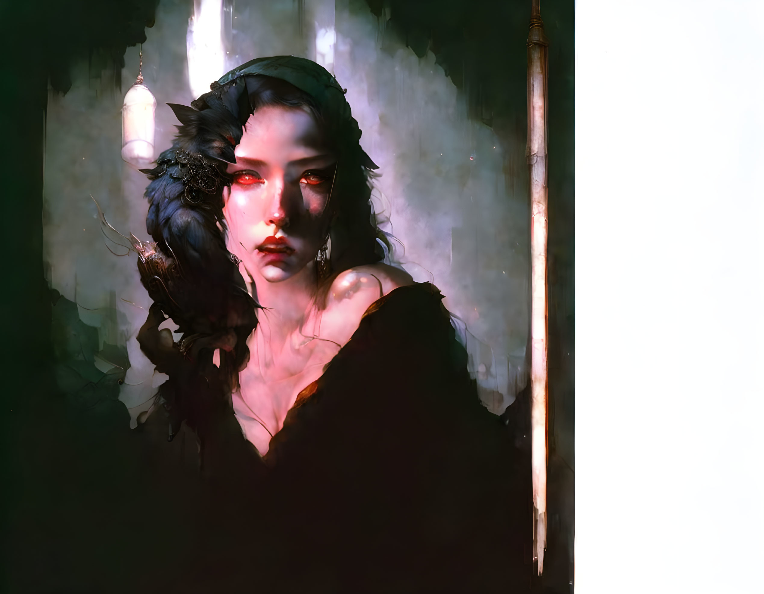 Dark-haired woman with red lips in digital painting: enigmatic gaze, ethereal lighting, abstract fantast