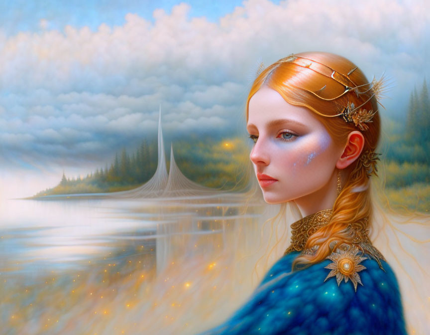 Surreal portrait of woman with golden diadem and blue cloak