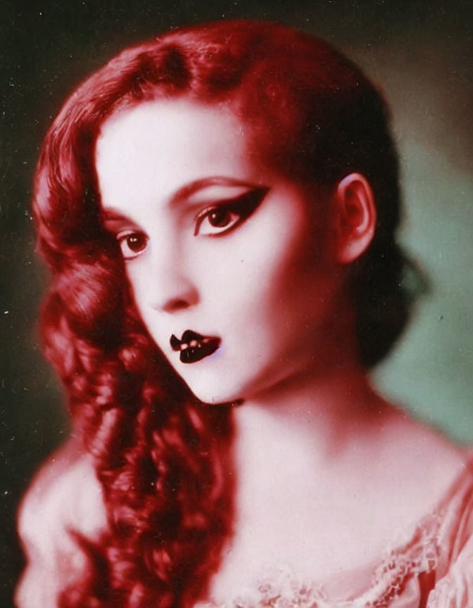 Vintage Portrait of Woman with Red Hair and Dramatic Makeup in Pink Dress