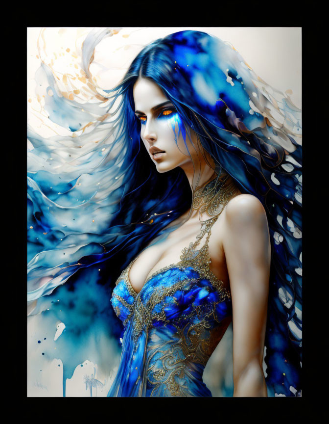 Digital artwork: Woman with blue flowing hair, luminescent eyes, ornate attire & abstract swirl