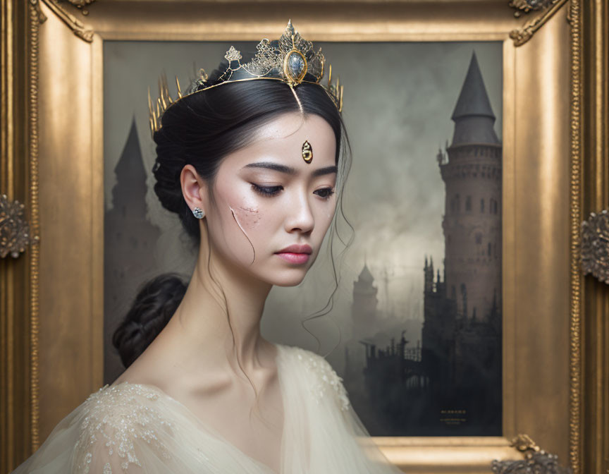 Regal woman in crown and castle backdrop framed in gold.