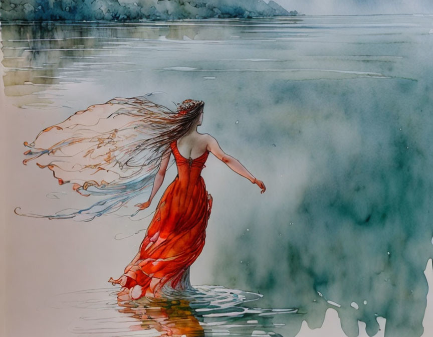 Woman in Red Dress Walking Towards Serene Water Body