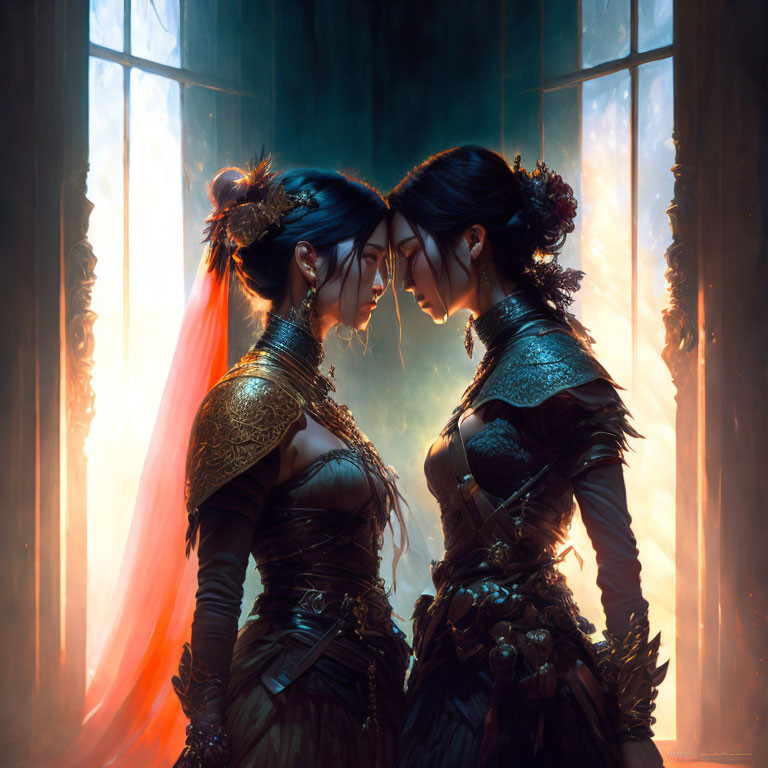 Two women in mirrored fantasy armor under ambient light