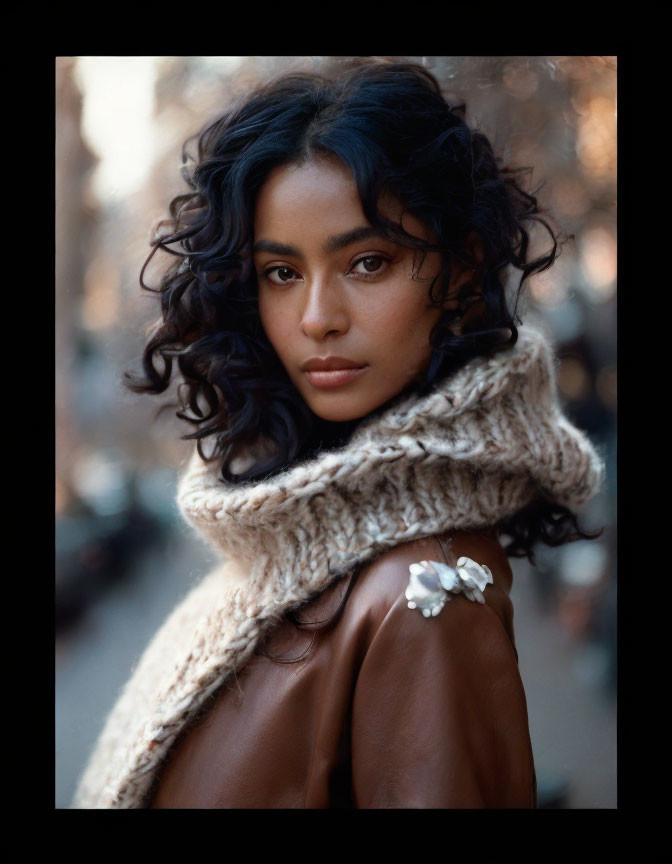 Curly-Haired Woman in Brown Top and Knit Scarf Outdoors