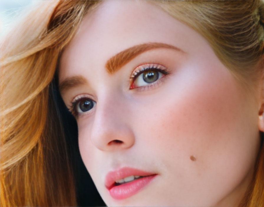 Portrait of woman with auburn hair, green eyes, and beauty mark