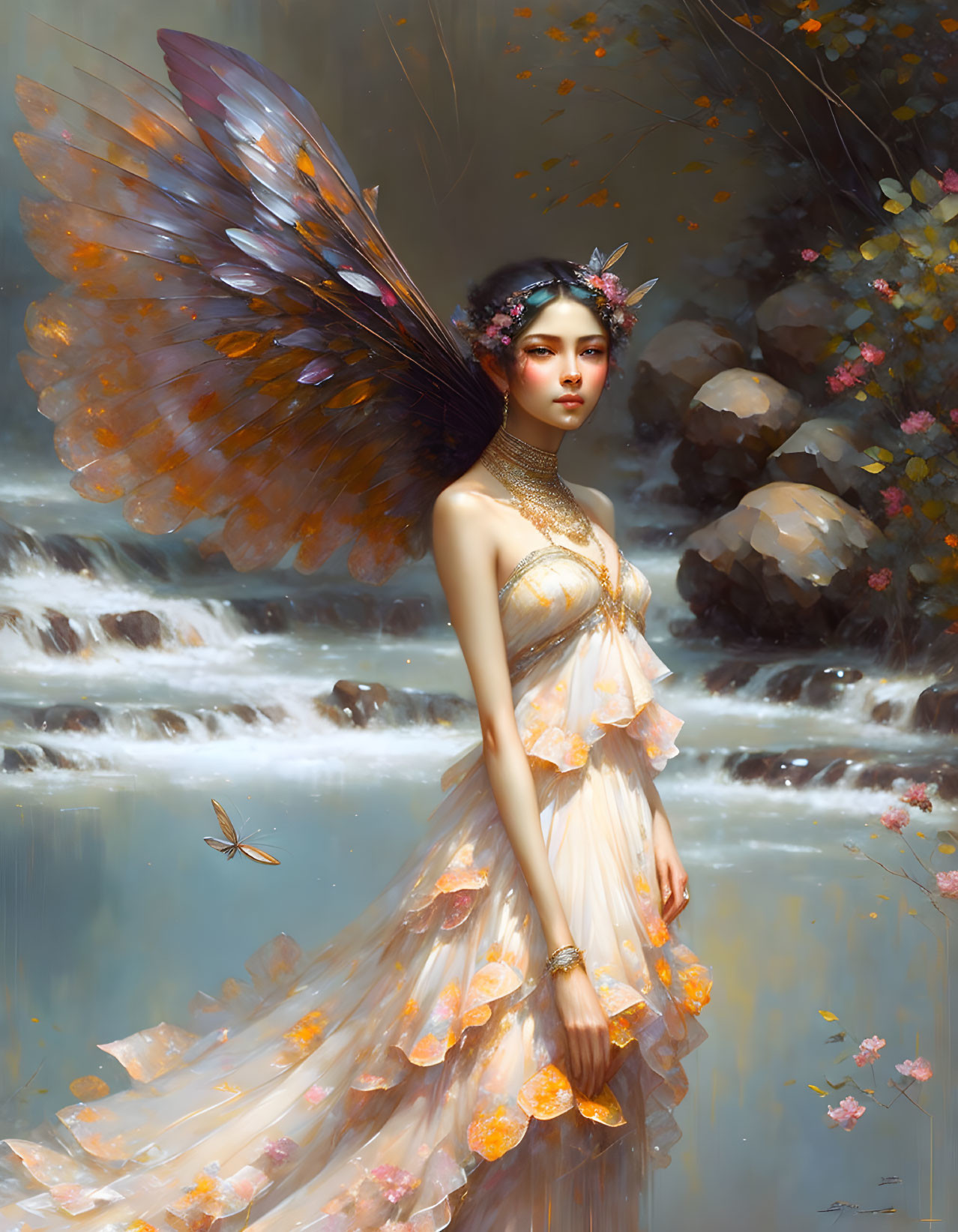 Ethereal female figure with butterfly wings by serene waterfall