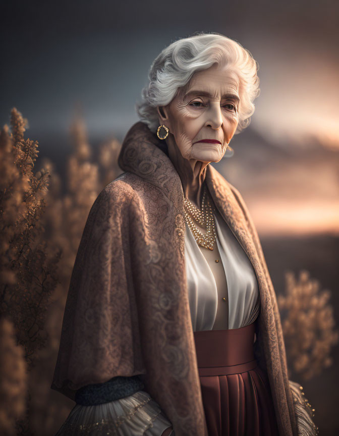 Elderly woman in brown cape and pearl necklace gazes into distance.