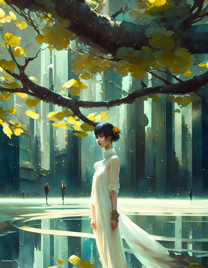 Woman in white under luminous tree in surreal forest