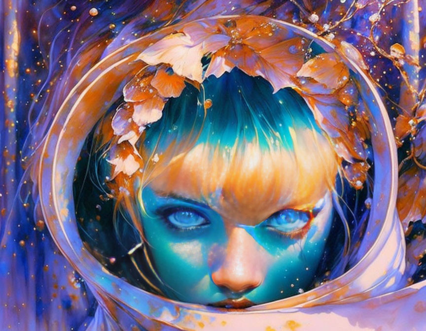 Colorful digital portrait: woman with blue skin, golden tears, flowers, and swirling patterns