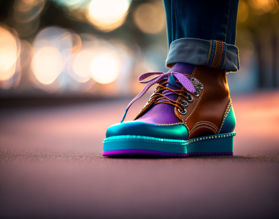 Colorful Shoe with Blue Sole and Brown Upper Worn with Blue Jeans