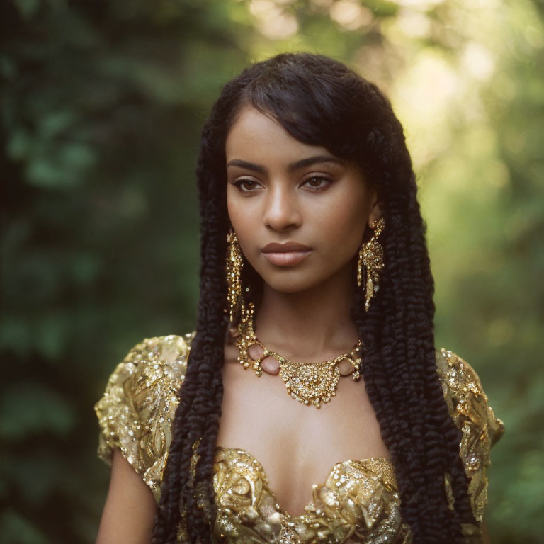 Braided hair woman in golden dress with intricate patterns and necklace in greenery setting