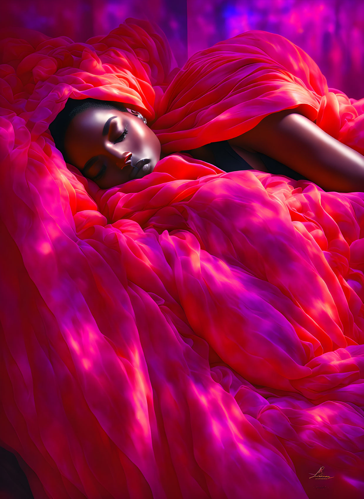 Person Sleeping in Vibrant Red and Pink Ruffled Blanket