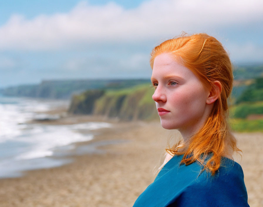 Red-Haired Woman on Beach with Cliffs and Ocean Background