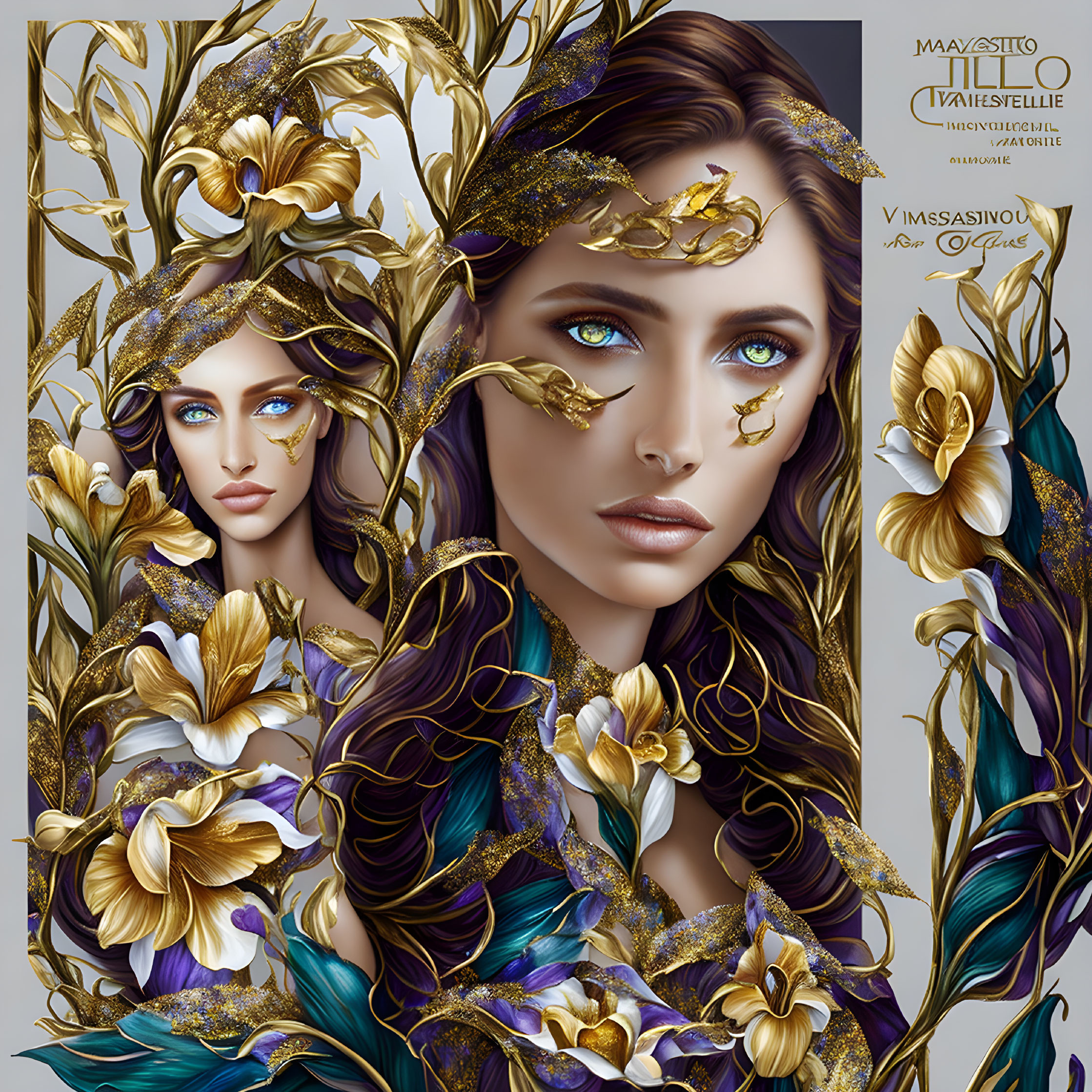 Stylized artistic portraits of women with golden hair and lilies