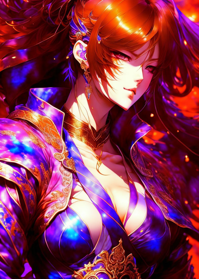 Colorful artwork: Woman with red hair in purple and gold outfit on fiery red backdrop