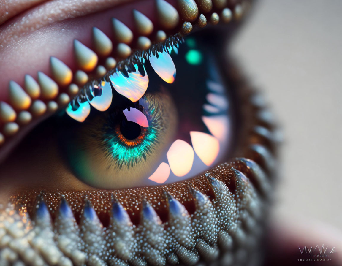 Detailed Close-Up of Human Eye with Reptilian Makeup and Heart-Shaped Lights